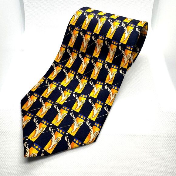 Viva Cravat Vintage Silk Necktie Navy Blue Yellow Gold Patterned Designer - Picture 1 of 4